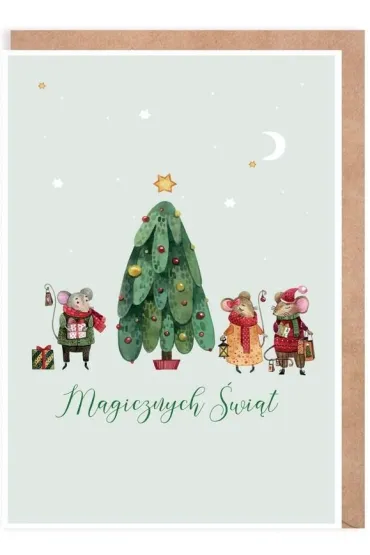 Kartka Boże Narodzenie Myszki przy choince