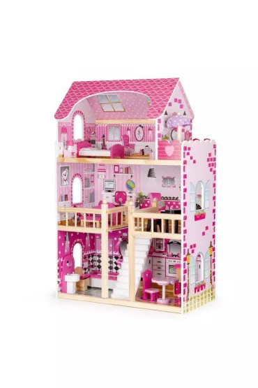 Drewniany domek dla lalek z mebelkami Led