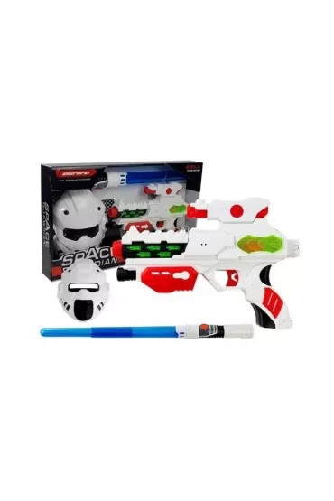 Pistolet laserowy z maską i mieczem świetlnym