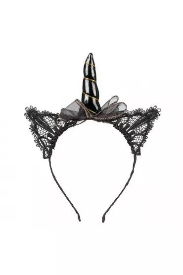 Opaska z koronkowymi uszami i rogiem jednorożca czarna Glynda