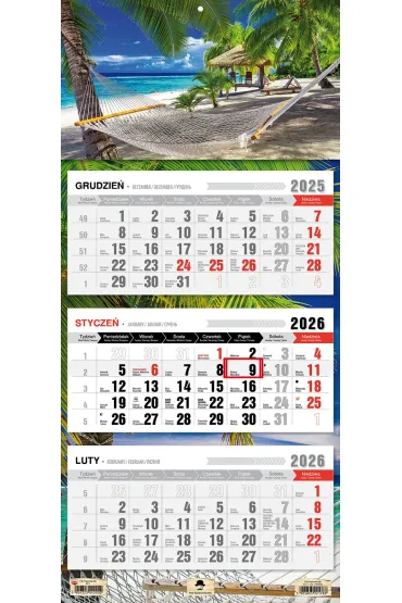 Kalendarz 2026 trójdzielny płaska główka Tropik