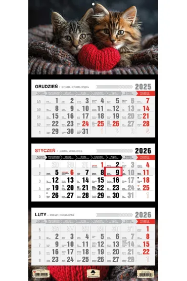 Kalendarz 2026 trójdzielny Kotki