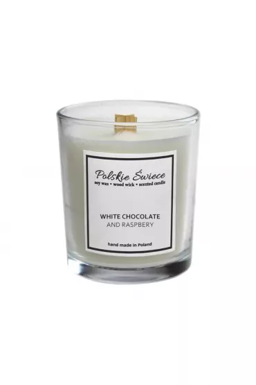 Świeca sojowa z drewnianym knotem White Chocolate and Raspberry