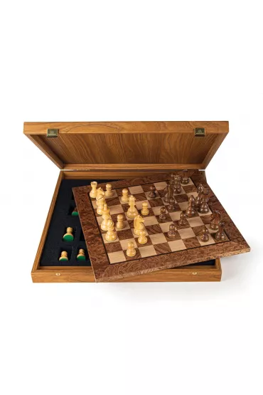 Walnut Burl, zestaw szachowy 50x50cm z figurkami Staunton