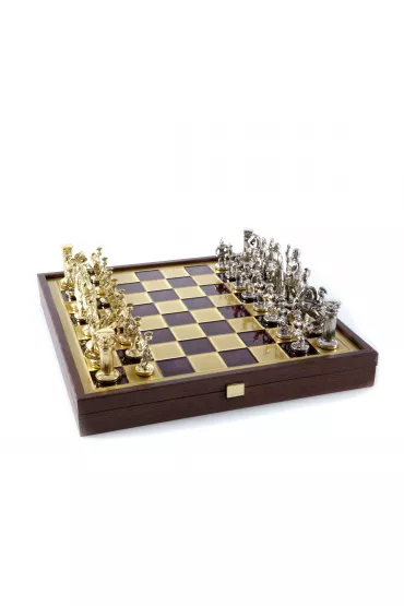 Zestaw szachowy z epoki grecko-rzymskiej z drewnianą planszą 41 x 41 cm, pudełko