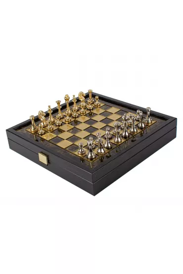 Classic Metal Staunton, zestaw szachowy z planszą 27 cm w drewnianym pudełku