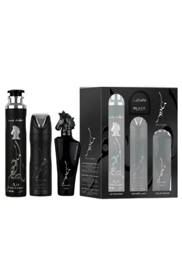 Zestaw Maahir Black Edition Woda perfumowana + Perfumy w sprayu + Odświeżacz powietrza