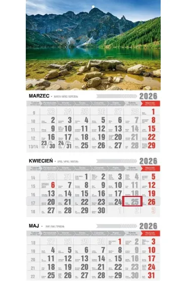 Kalendarz 2026 trójdzielny z magnesem tatry