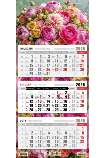 Kalendarz 2026 trójdzielny płaska główka kwiaty