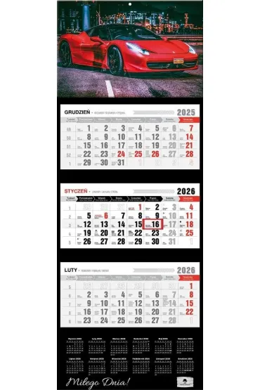 Kalendarz 2026 trójdzielny premium super car