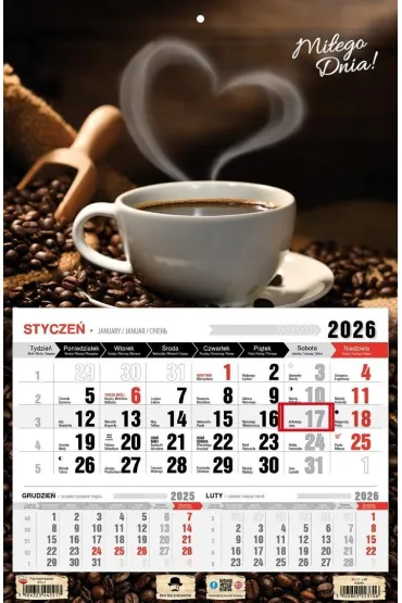 Kalendarz 2026 jednodzielny kawa