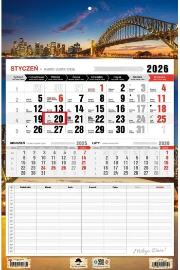 Kalendarz 2026 jednodzielny z planem zajęć Sidney