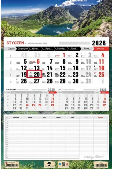 Kalendarz 2026 jednodzielny z planem zajęć Tatry