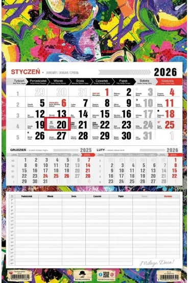 Kalendarz 2026 jednodzielny z planem zajęć