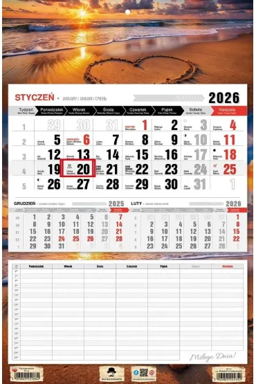 Kalendarz 2026 jednodzielny z planem zajęć plaża