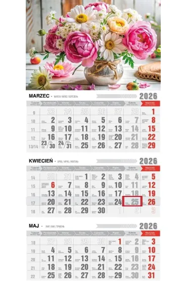 Kalendarz 2026 trójdzielny ekonomiczny bukiety