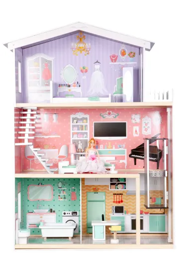 Duży domek drewniany dla lalek z ruchomą windą i meblelkami