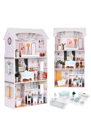 Domek dla lalek Alice 3 piętra 4 pomieszczenia komplet 9 mebelków