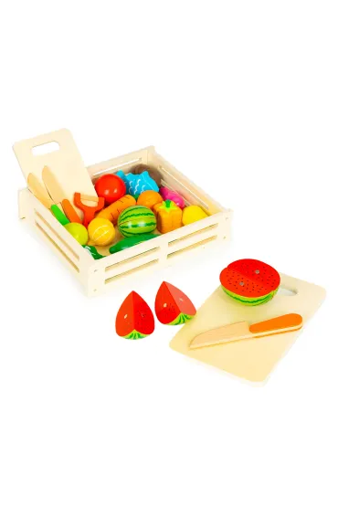Drewniane warzywa i owoce do krojenia 17 elementów + drewniana skrzynka