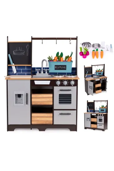 Duża drewniana kuchnia dla dzieci z warzywniakiem i akcesoriami