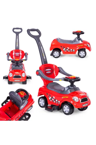 Jeździk autko chodzik pchacz skrętne koła rączka dźwięki - czerwone
