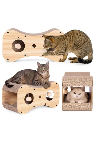 Drapak tekturowy dla kota budka domek kartonowy legowisko z wiszącymi pomponami