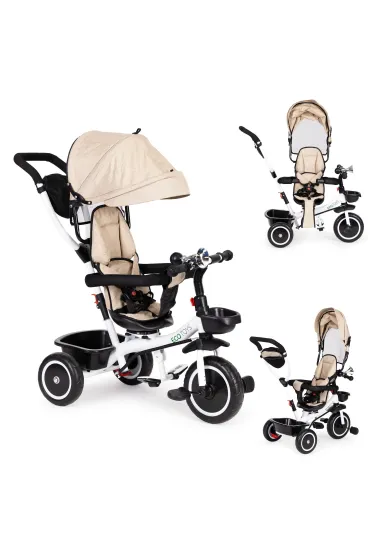Rowerek trójkołowy spacerówka wózek obracany 360 beżowy