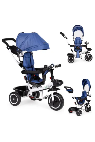 Rowerek trójkołowy spacerówka wózek obracany 360 niebieski