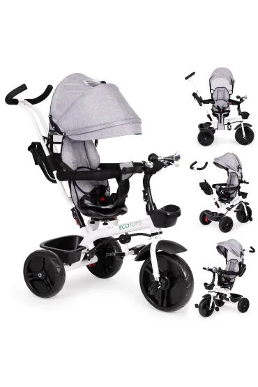 Rowerek trójkołowy obrotowy 360&deg; Szary z daszkiem