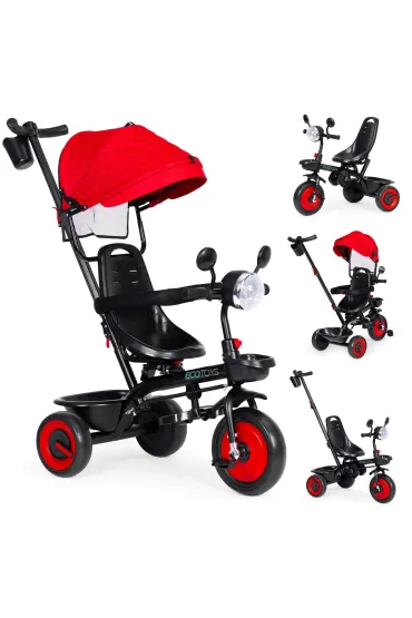 Rowerek trójkołowy dla dzieci spacerówka 3w1 obracane siedzisko daszek czerwony