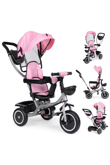 Rowerek trójkołowy spacerówka 2w1 obracane siedzisko składany daszek różowy
