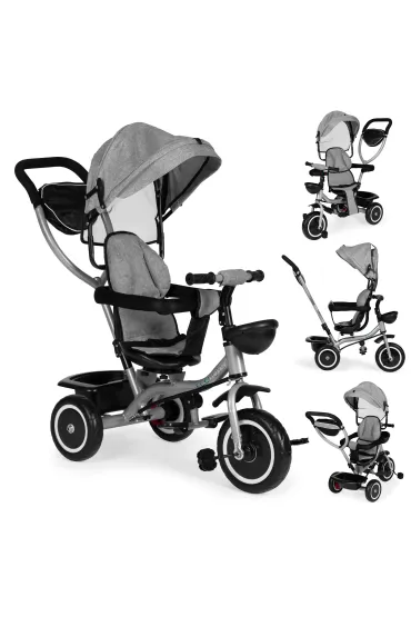 Trójkołowy rowerek spacerówka 2w1 obracane siedzisko składany daszek szary