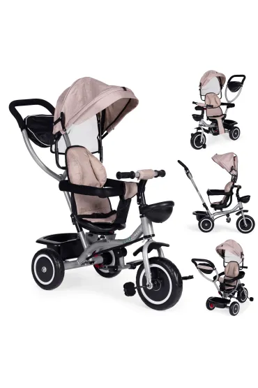 Trójkołowy rowerek spacerówka 2w1 obracane siedzisko składany daszek beżowy