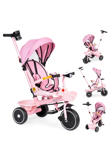 Rowerek trójkołowy spacerówka 2w1 obracane siedzisko składany daszek różowy