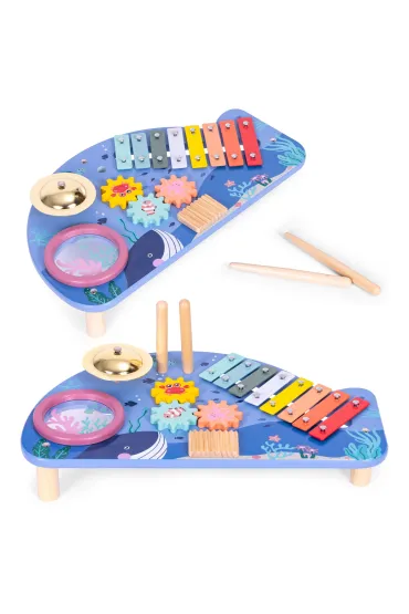 Stolik z instrumentami stół muzyczny cymbałki talerz perkusyjny tarka motyw morski