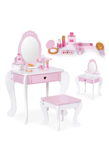 Toaletka dziecięca zabawkowa duża z lustrem taborecikiem 7 dodatków