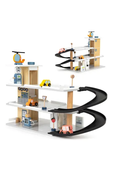 Duży drewniany garaż parking z windą + autka helikopter myjnia