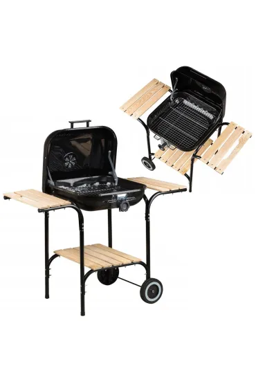 Duży grill ogrodowy z pokrywą regulacja rusztu drewniane półki