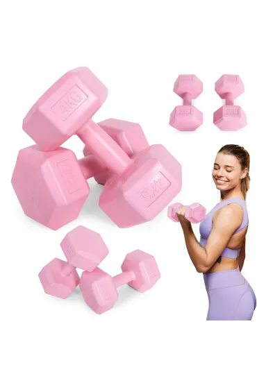 Hantle sześciokątne zestaw 2x4 kg ciężarki do ćwiczeń obciążniki fitness różowe