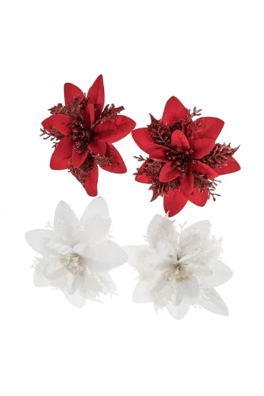 Kwiaty poinsecji białe, czerwone 14cm 4 szt
