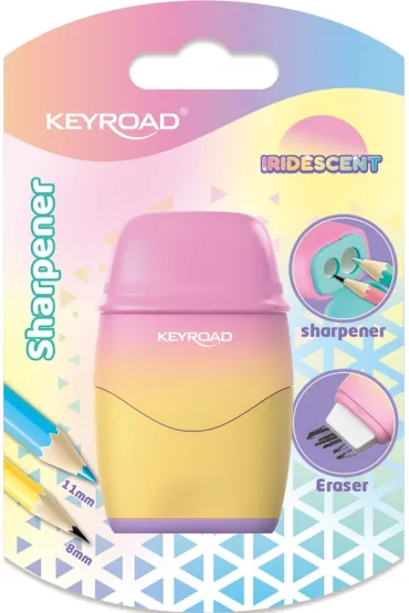 Temperówka plastikowa KEYROAD z gumką opalizująca podwójna blister 1szt.mix