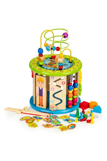 Drewniana kostka edukacyjna z grami i klockami łowienie rybek