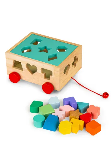 Drewniany wózek sorter z klockami kostka edukacyjna dla dzieci