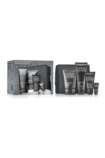 SET For Men Refreshed Skin for Him Face Scrub + Moisturizing Lotion + Anti-Age Eye Cream + Charcoal Face Wash + Bag