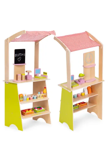 Duży drewniany stragan dla dzieci sklep z terminalem i wagą owoce warzywa