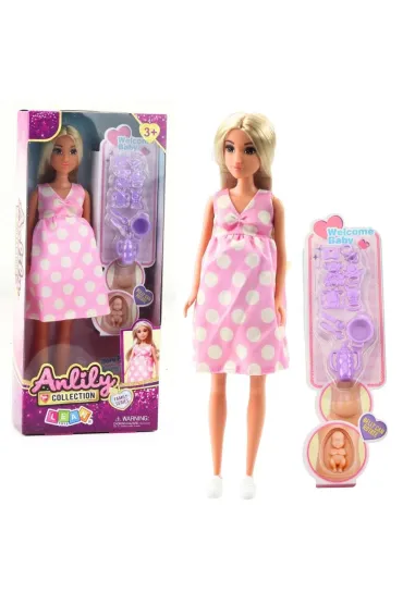 Lalka Anlily w ciąży sukienka w kropki akcesoria