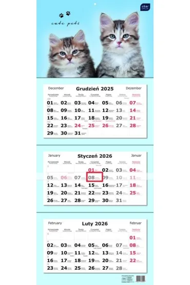 Kalendarz 2026 trójdzielny 82,5x34cm Koty