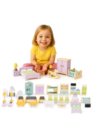 Drewniane mebelki do domu dla lalek akcesoria zestaw