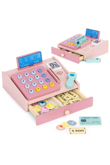 Drewniana kasa fiskalna dla dzieci skaner banknoty monety karta