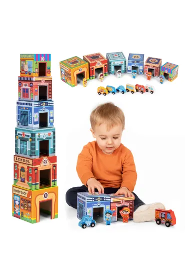 Wieża do układania piramida miasto sorter z figurkami i pojazdami